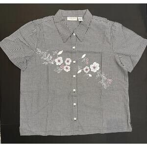 Lemon Grass Blouse Women 20W Black White Gingham Embroidered Poppy Attached Tank